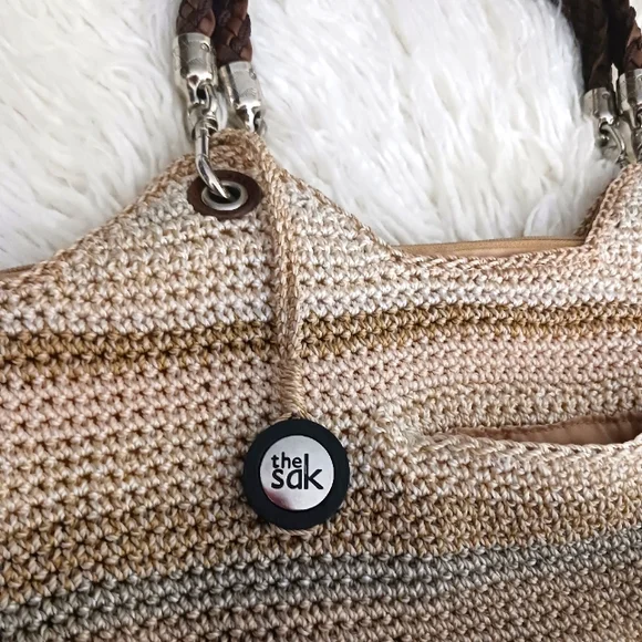 The SAK Leather & Crochet Braided Handle Hand Bag Cream Tan - Picture 13 of 16